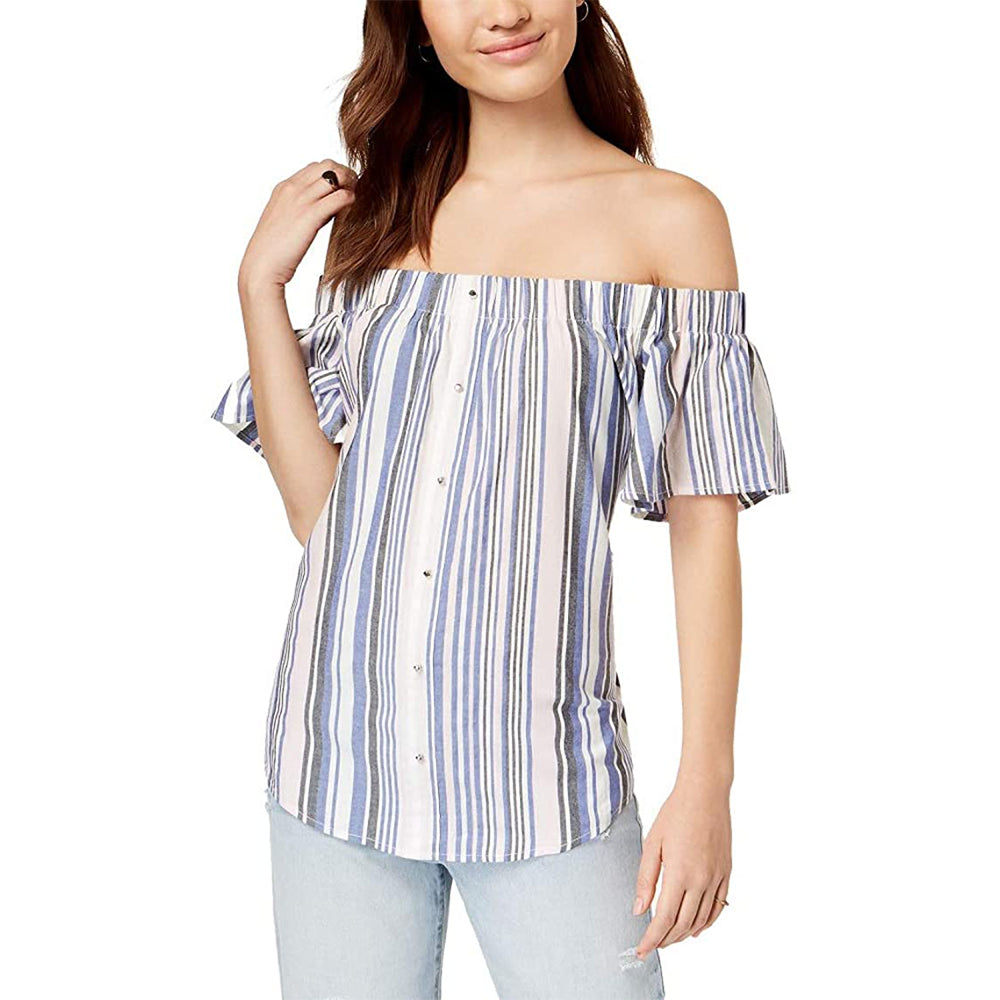 Image for Women's Off-Shoulder Striped Top,White/Blue