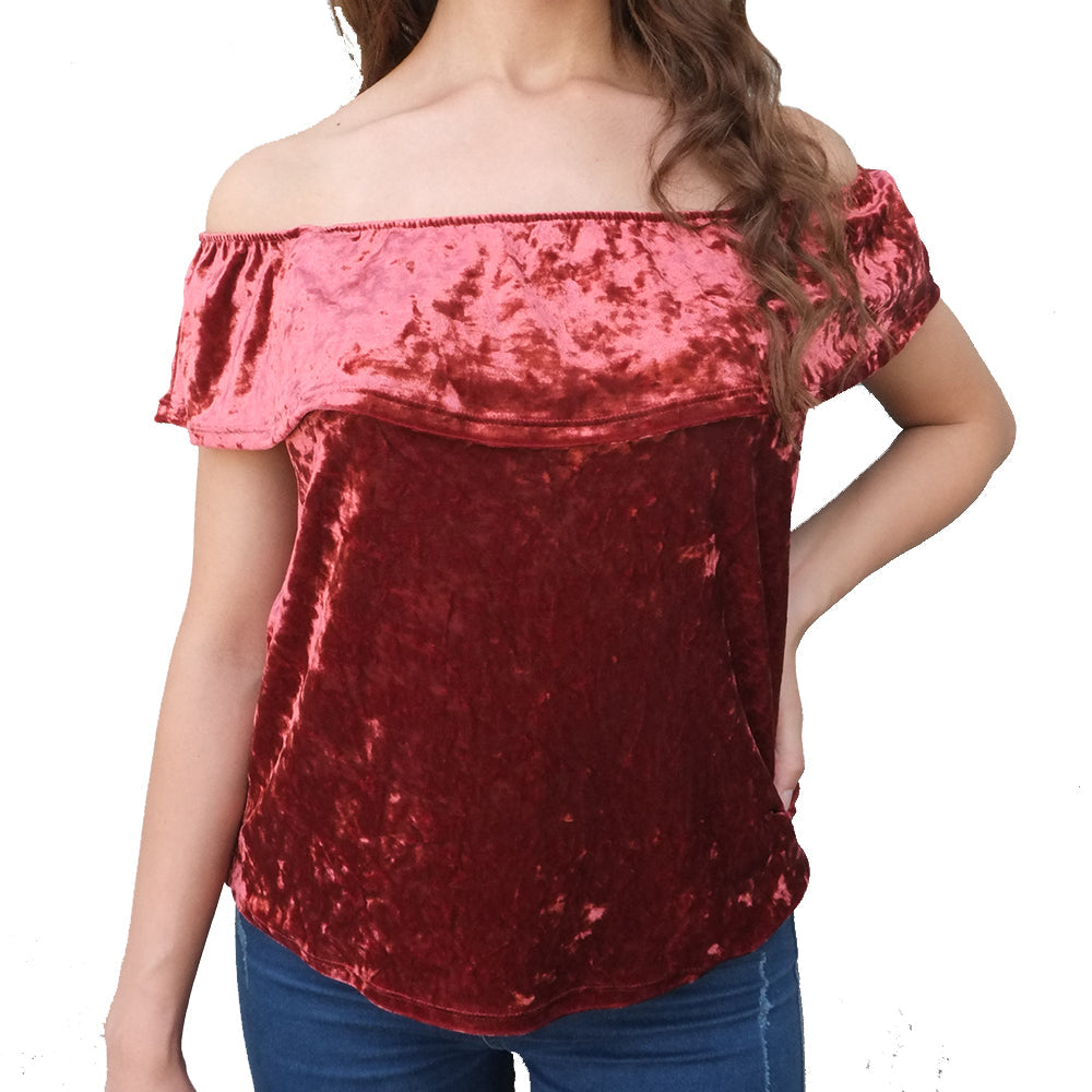 Image for Women's Ruffle Velvet Top,Burgundy