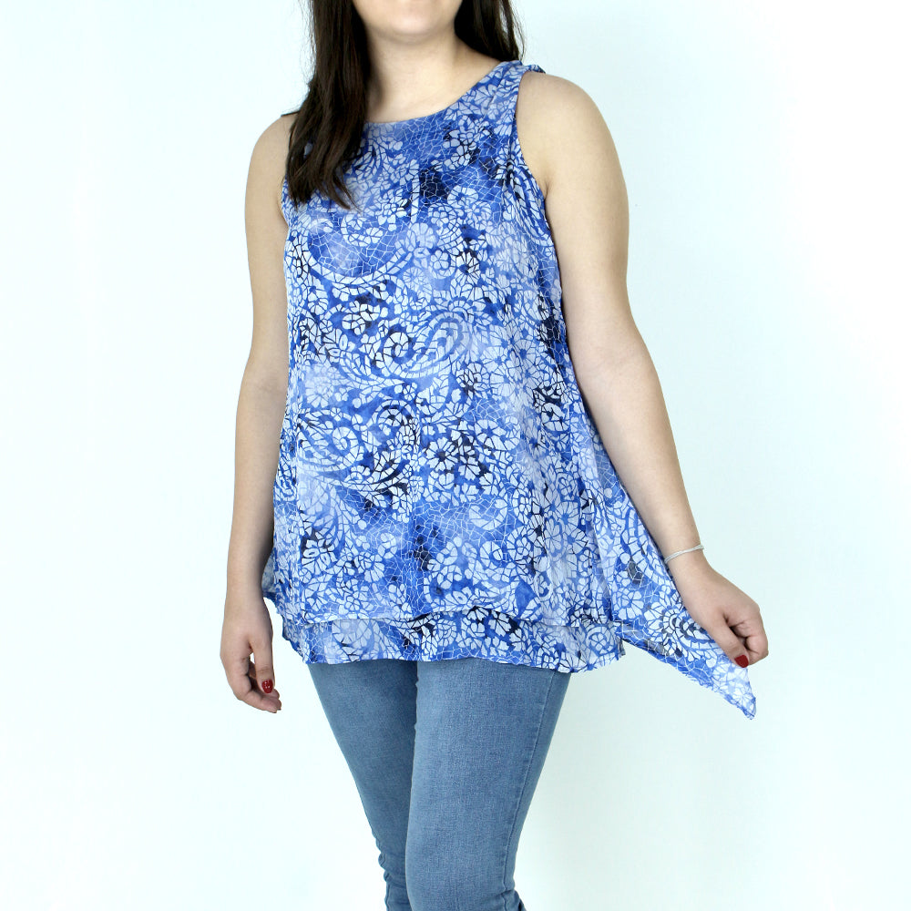 Image for Women's Printed Chiffon Casual Top,White/Blue