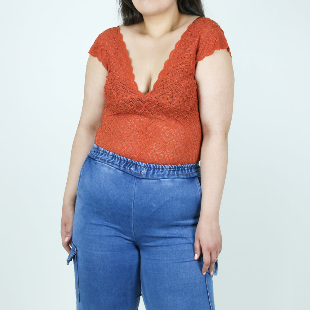 Image for Women's Thong Lace Bodysuit Top,Brick