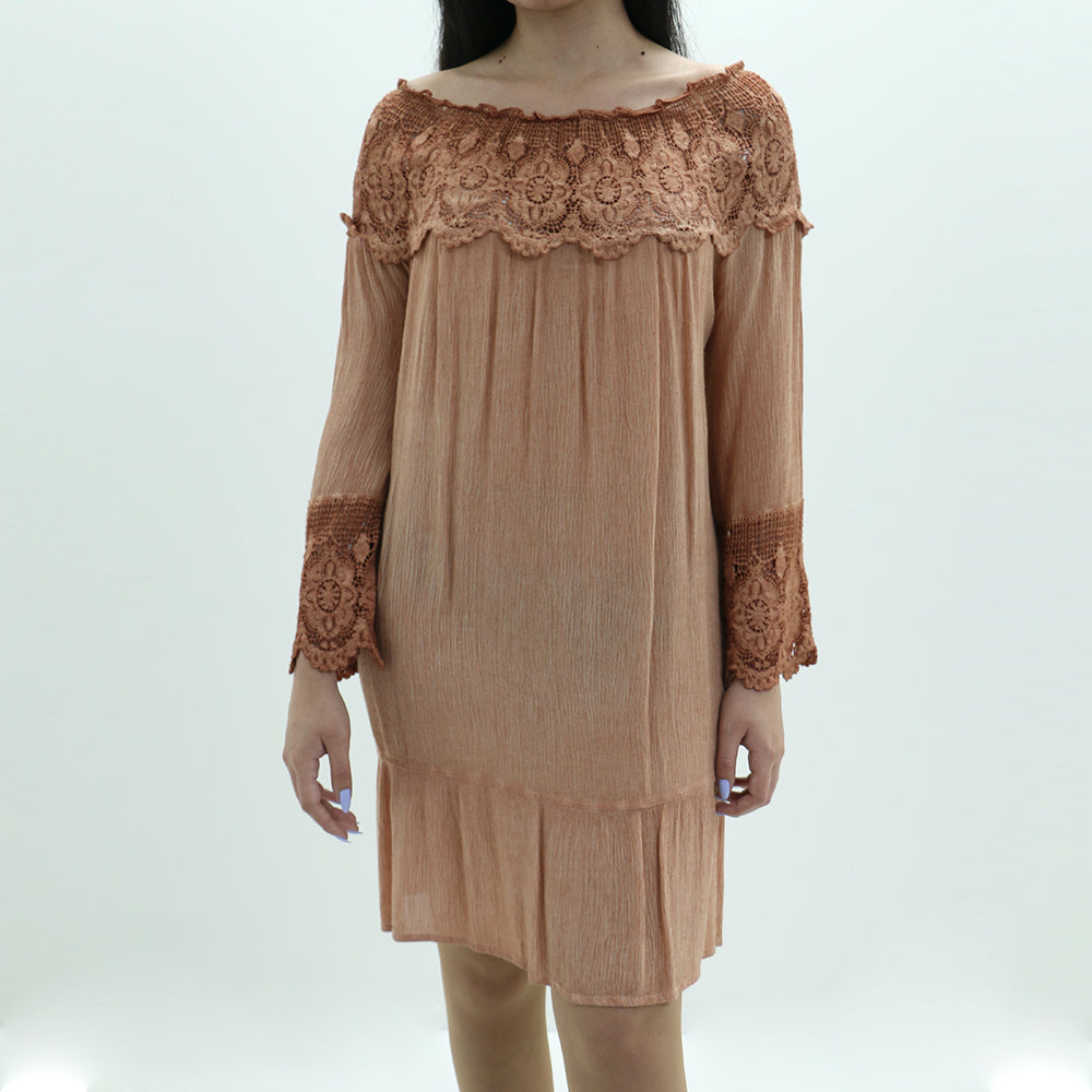 Image for Women's Lace Neckline Ruffle Dress,Nude