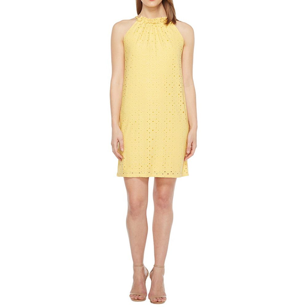 Image for Women's Embroidered Jersey Ruffle Halter Dress,Yellow