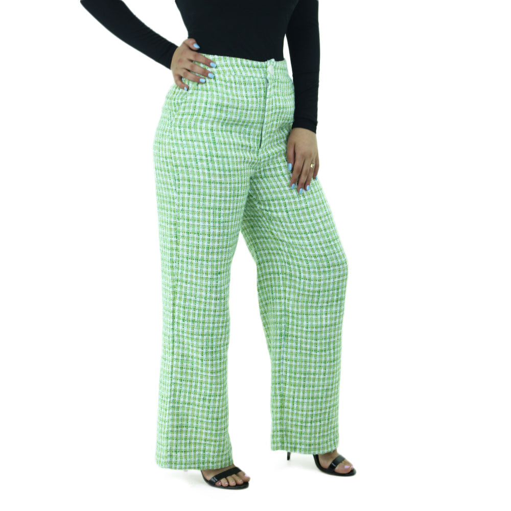 Image for Women's wide leg tweed Pant,White/Green