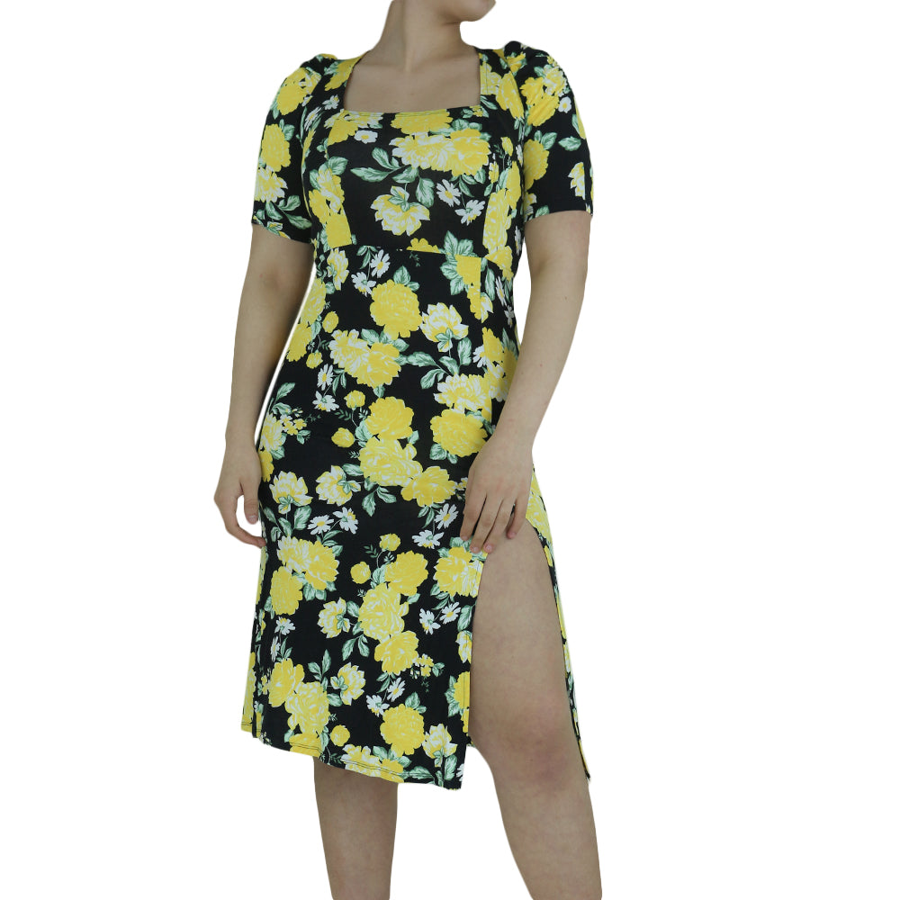 Image for Women's Floral Square Neck Short Dress,Yellow/Black