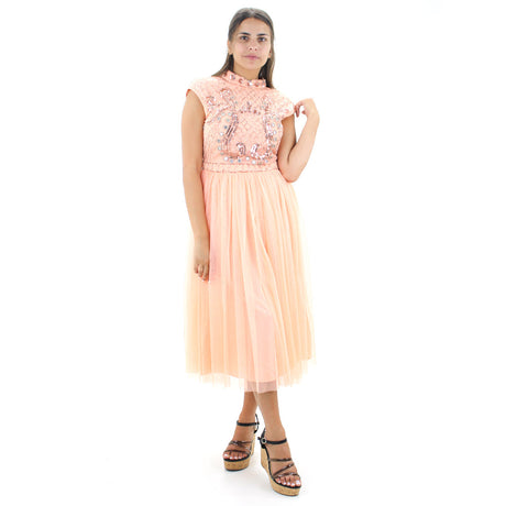 Image for Women's Midi Dress With Embellished Mirror Bodice and Tulle Skirt,Peach