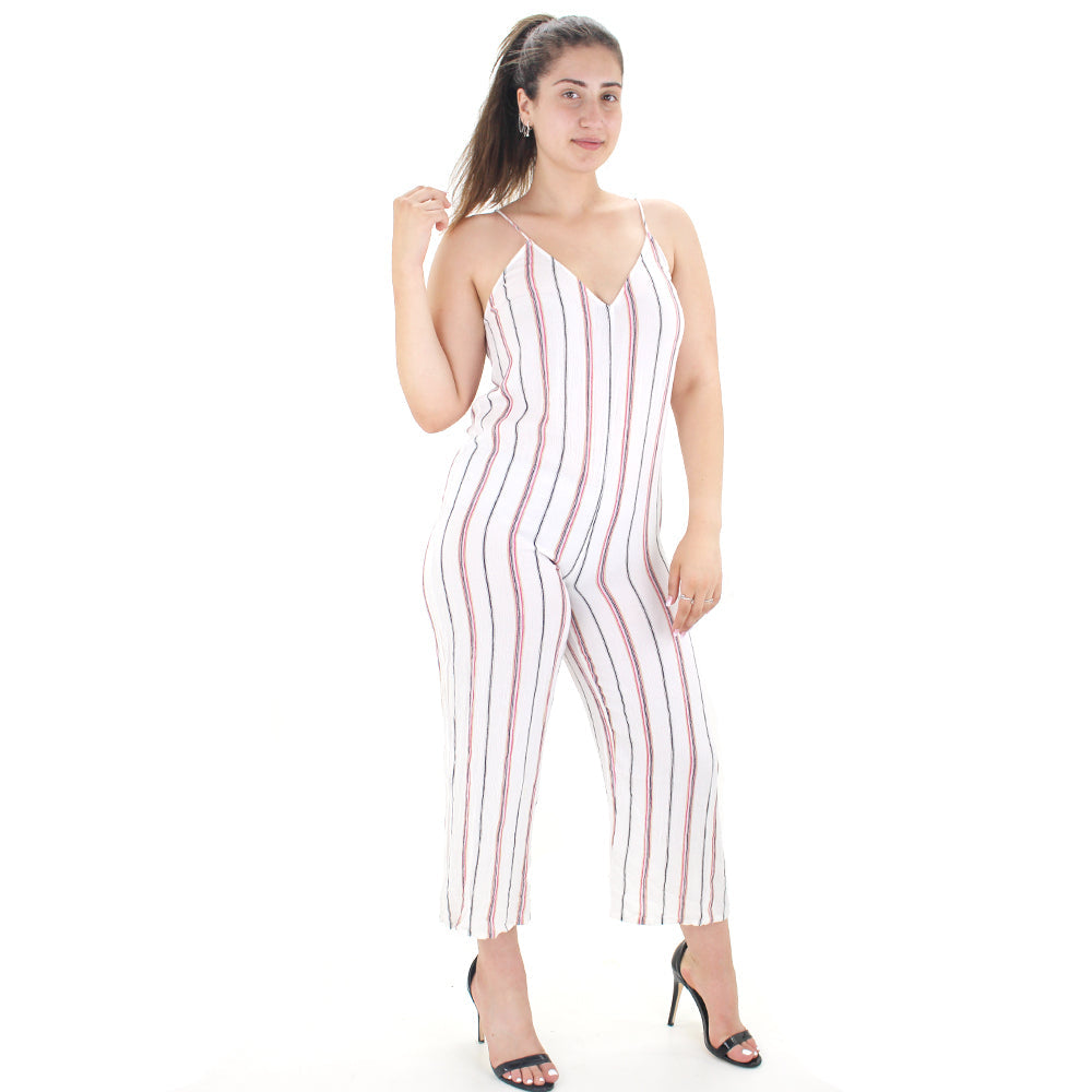 Image for Women's Striped Criss Cross Back V-Neck Jumpsuit,White