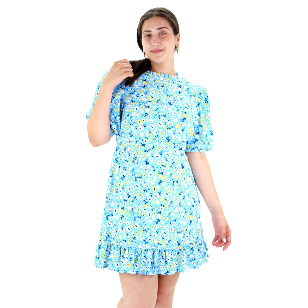 Image for Women's Floral Ruffle Hem Short Dress,Blue