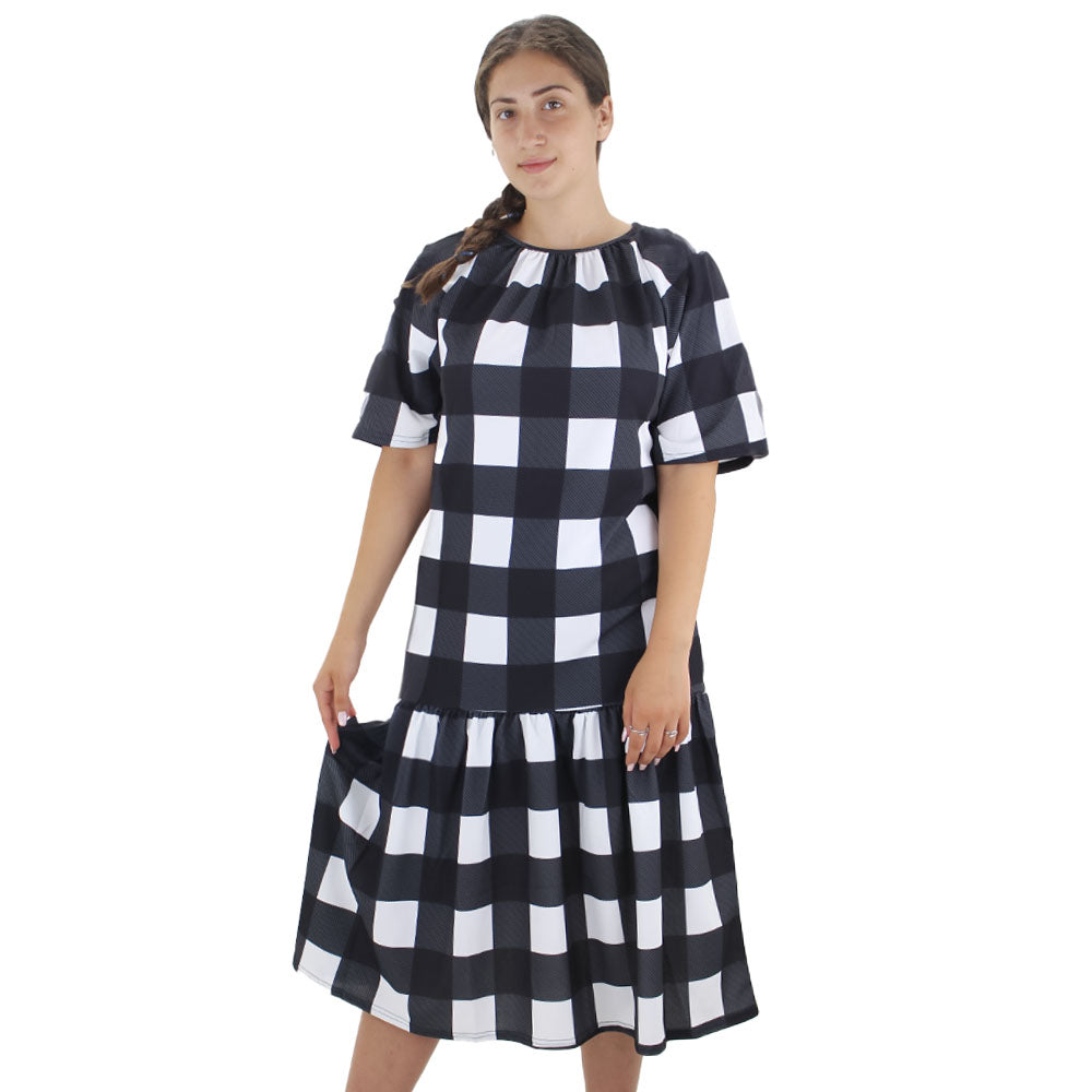 Image for Women's Plaid Ruffle Hem Oversized Dress,White/Black
