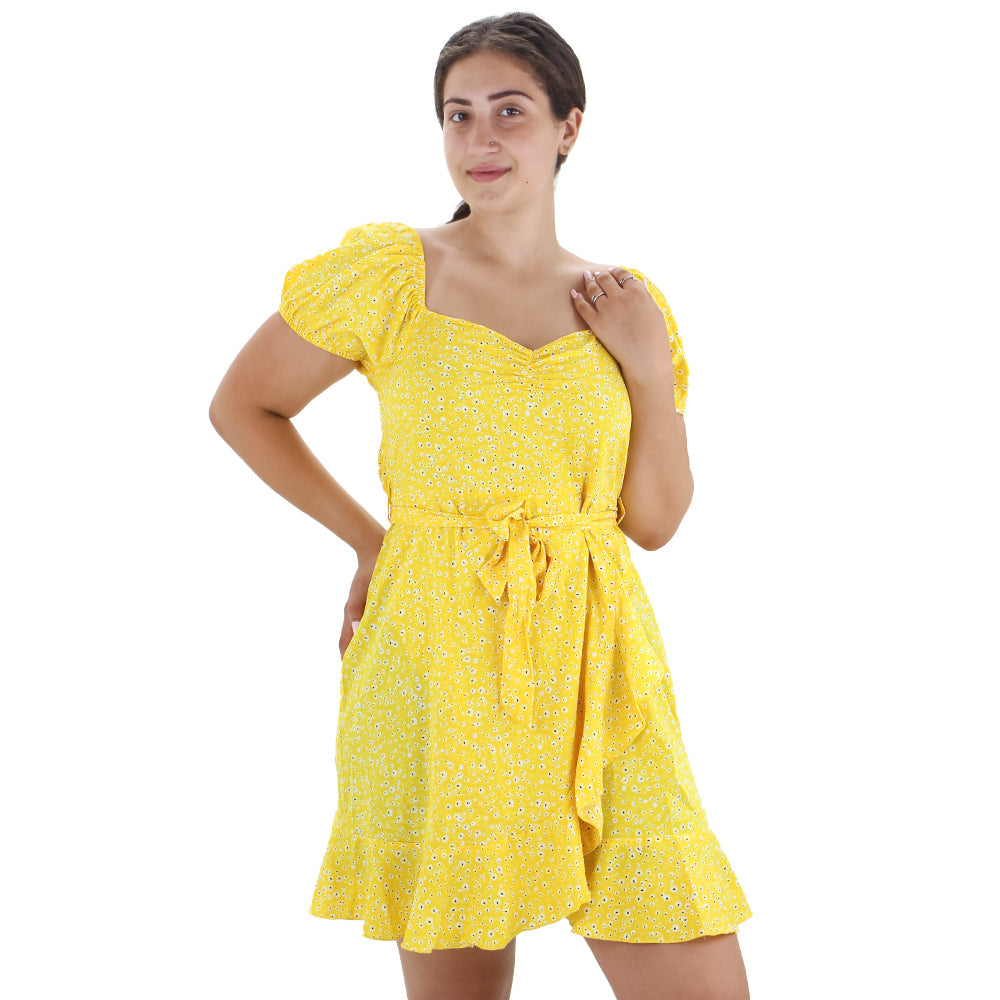 Image for Women's Floral Puff Sleeve Short Dress with Belt ,Yellow