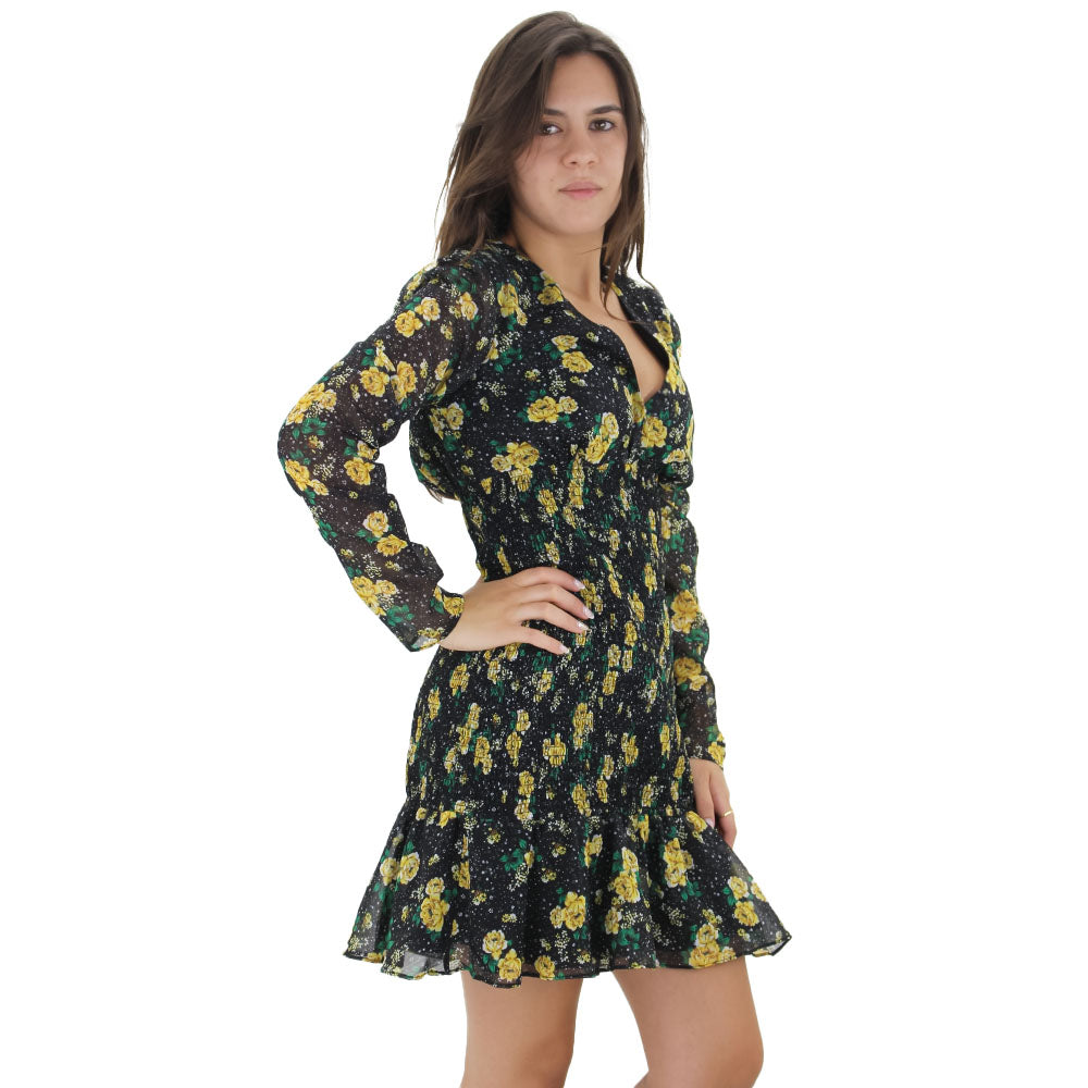 Image for Women's Floral Smocked Chiffon Long Sleeve Dress,Black