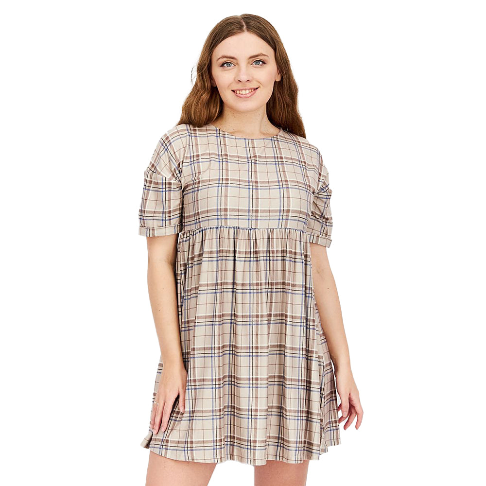 Image for Women's Plaid Smock Mini Dress,Beige