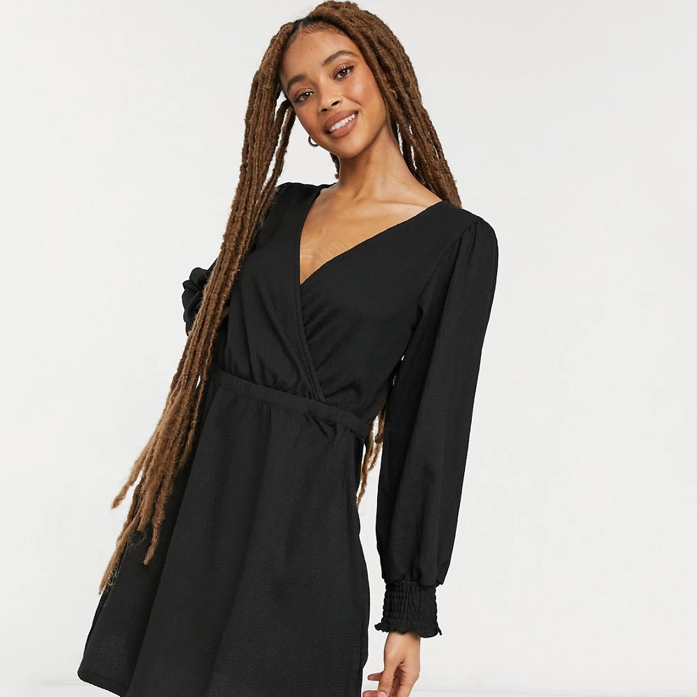 Image for Women's Short Dress With Gathered Cuffs,Black