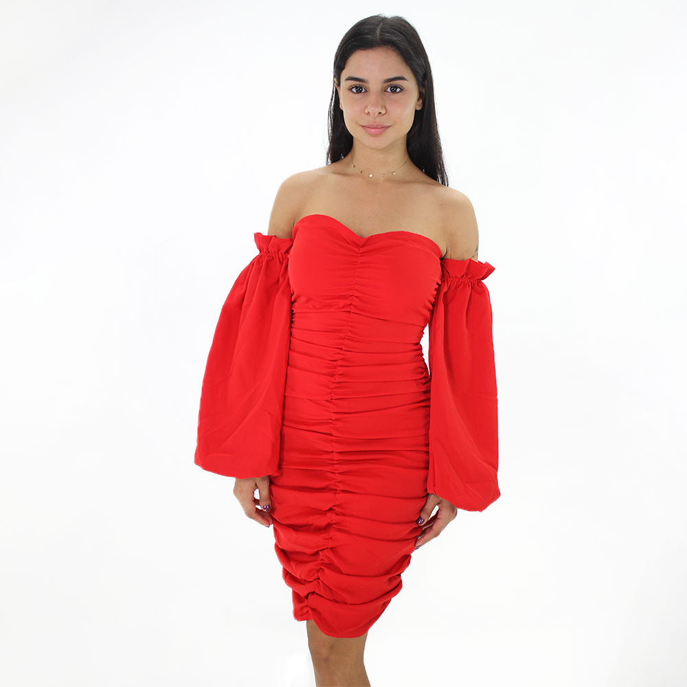 Image for Women's Plain Solid Smoked Dress,Red