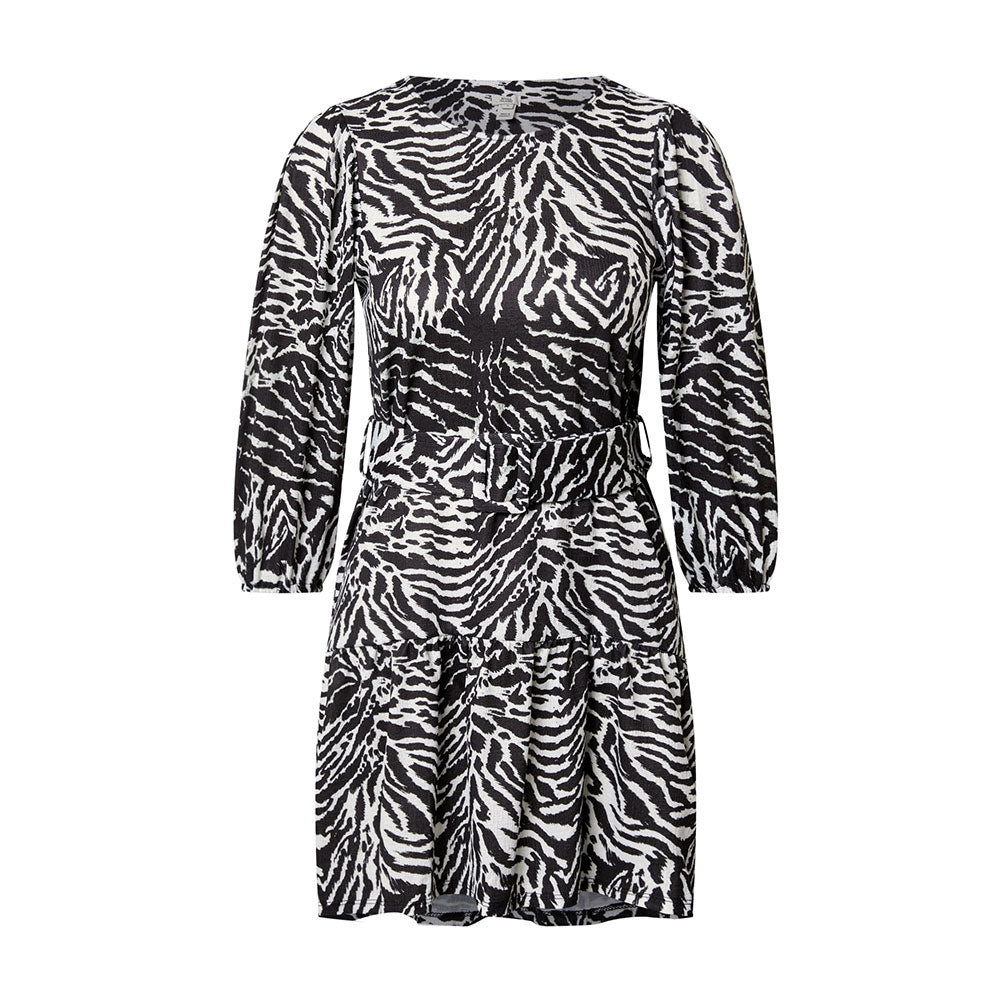Image for Women's Belted Printed Ruffle Hem Dress,Black/White