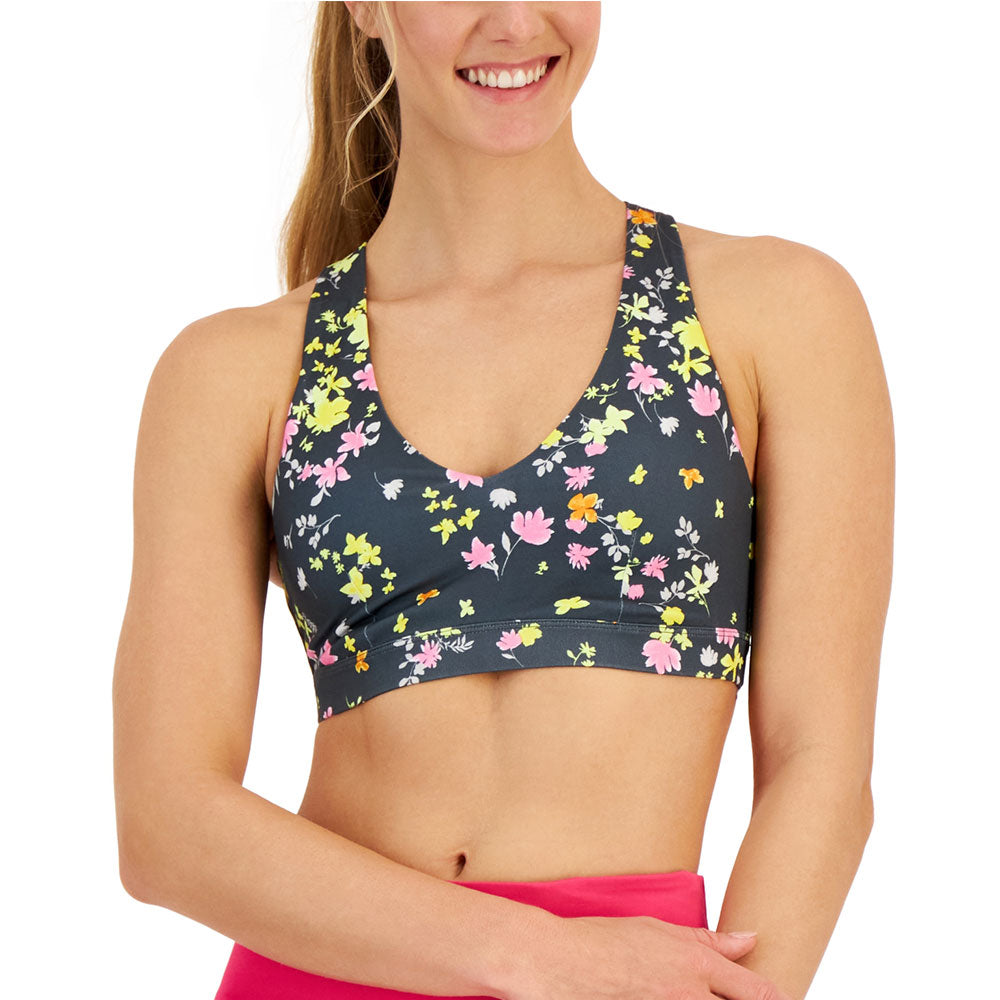 Image for οΏ½Women's Pansy-Print Strappy-Back Low-Impact Sports Bra,Dark Grey