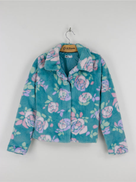 Image for Kids Girl Rose-Print Faux-Fur Jacket,Turquoise