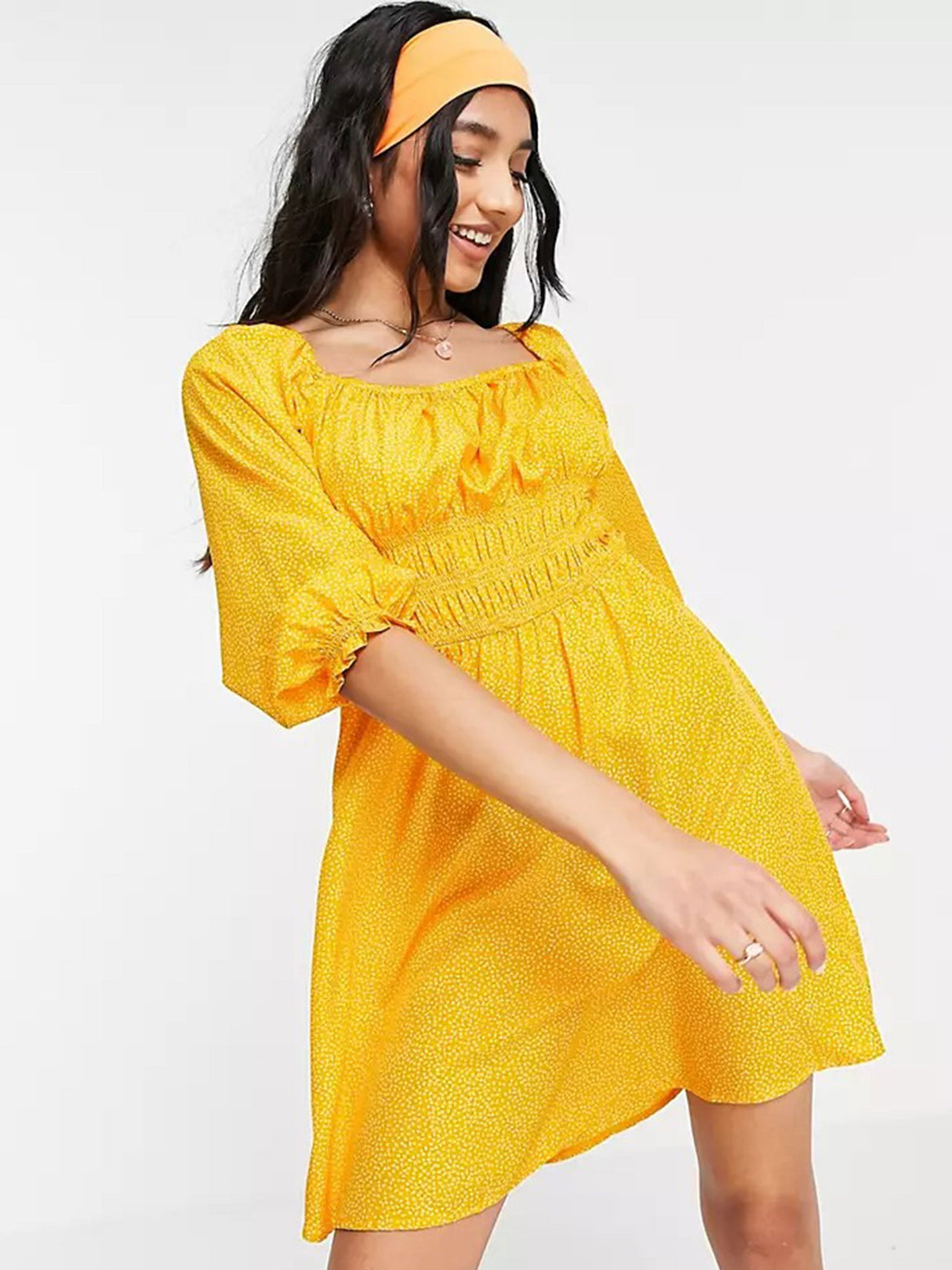 Image for Women's Shirred Bust Puff Sleeve Mini Dress,Orange