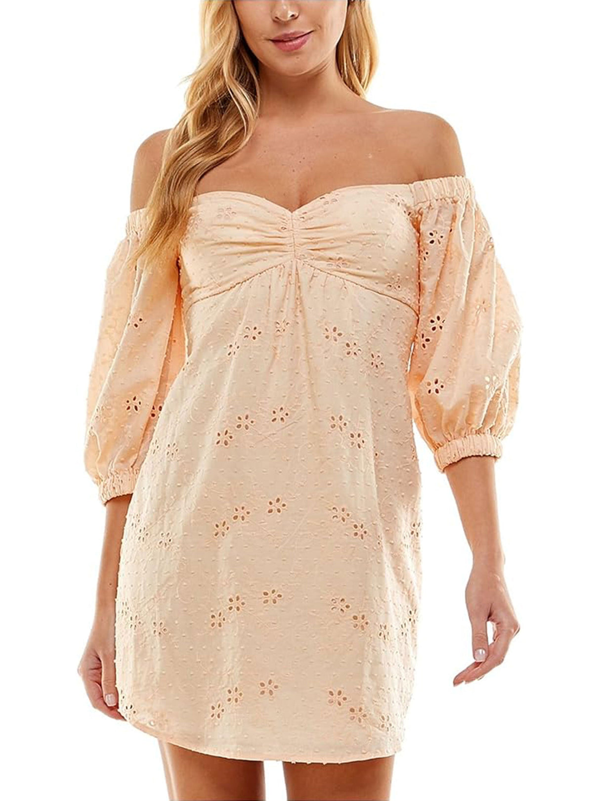 Image for Women's Floral Embroidered Short Dress,Peach