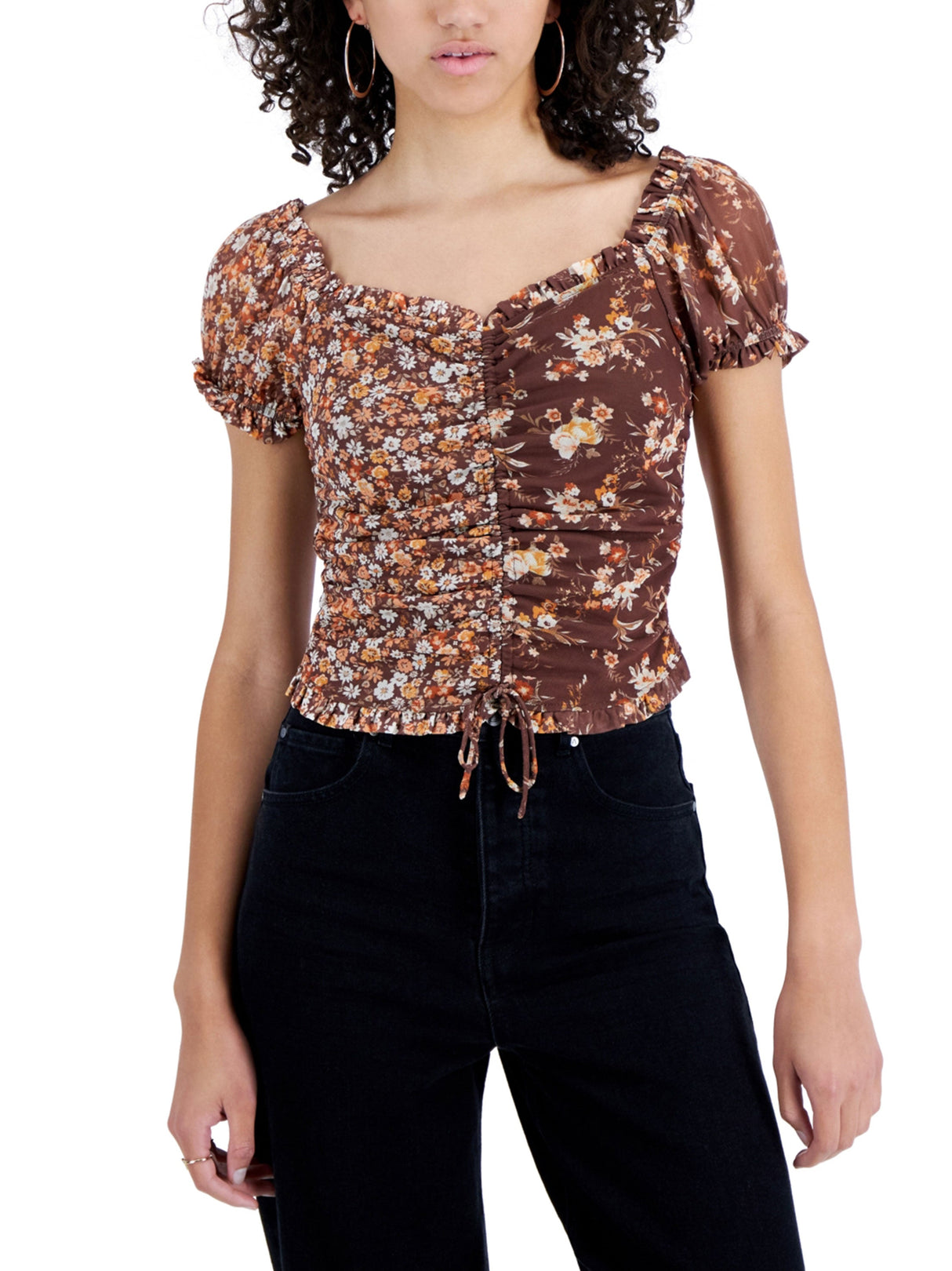 Image for Women's Floral Printed Mesh Short Sleeve Top,Brown