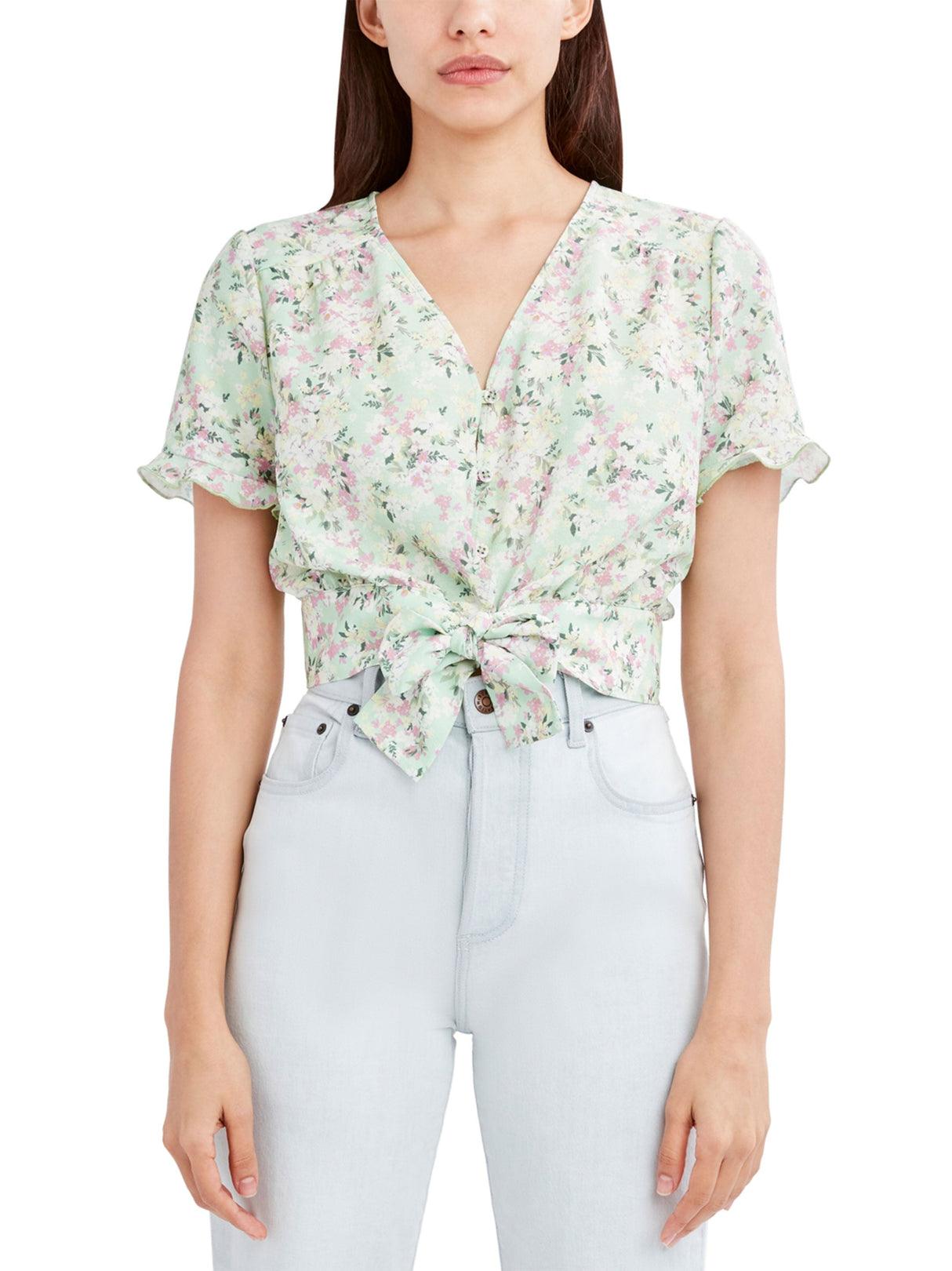 Image for Women's Tie Front Floral Printed Button Top,Green