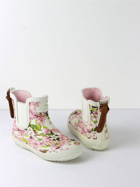 Kids Girl Floral Print Faux Leather Ankle Boots,White/Pink