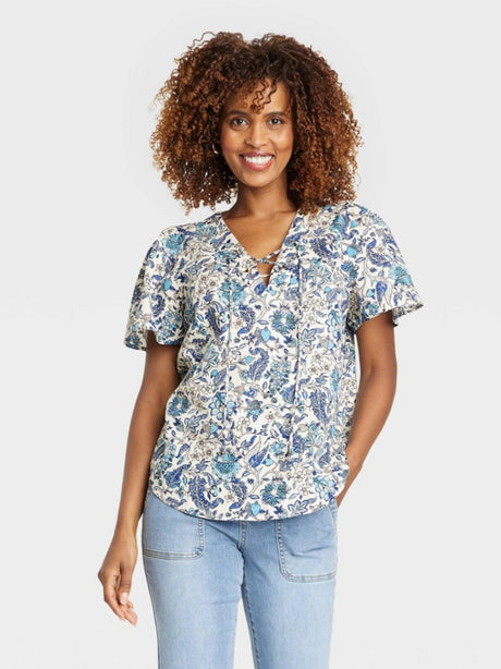 Image for Women's Floral Printed Lace-Up Top,Multi