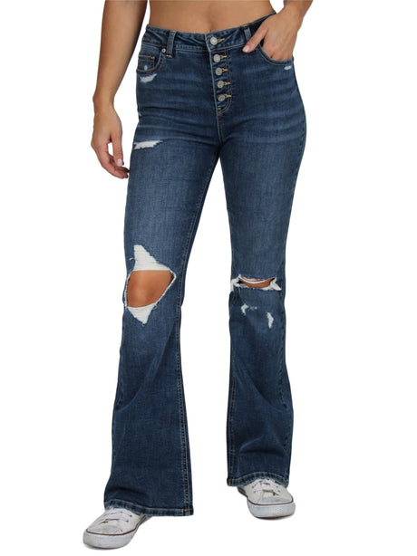 Image for Women's Distressed Button-Fly Flare-Leg Jeans,Dark Blue