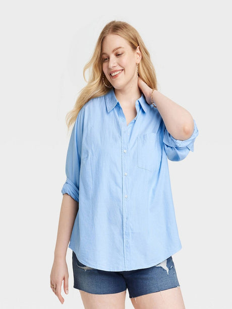 Image for Women's Long Sleeve Classic Button-Down Shirt,Light Blue