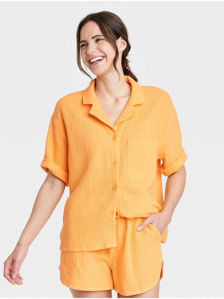 Image for Women's Gauze Notch Collar Top,Orange
