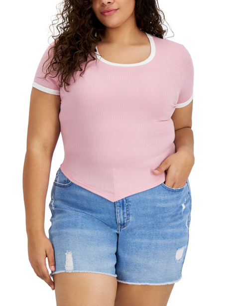 Image for Women's Asymmetrical-Hem Ringer Ribbed T-Shirt,Pink