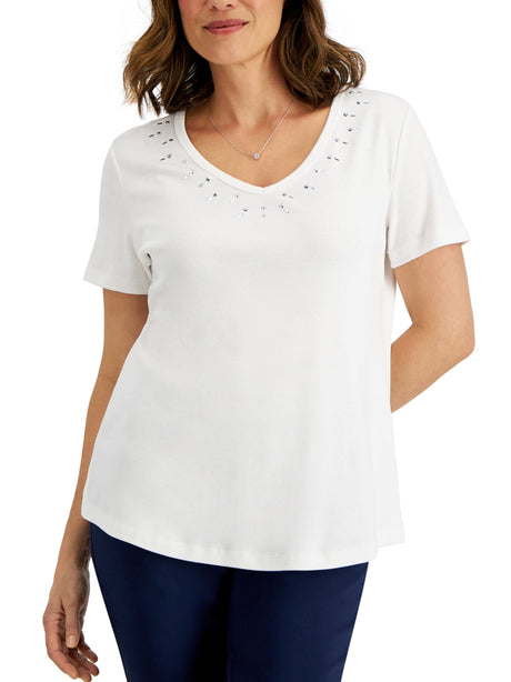 Image for Women's Cotton Studded V-Neck Top,White