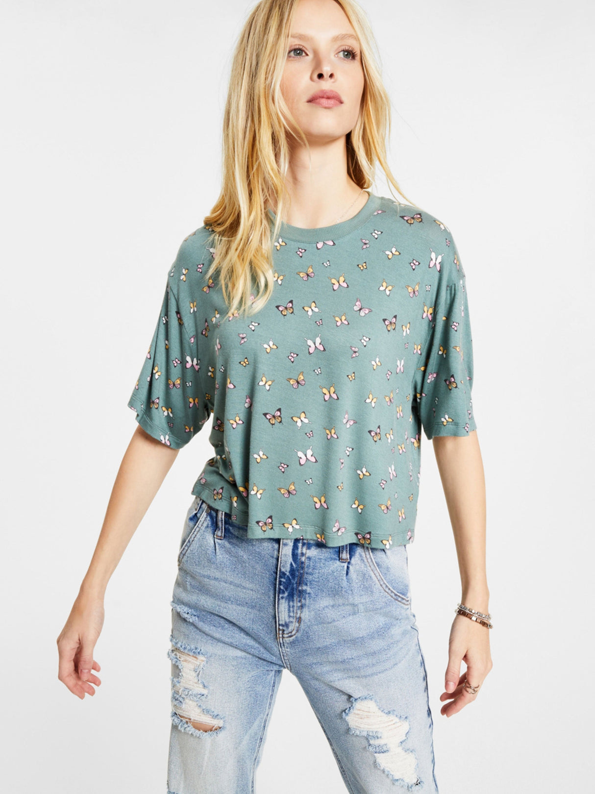 Image for Women's Butterfly Printed Casual Top,Olive