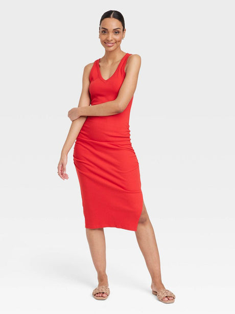 Image for Women's Ribbed Ruched Dress,Red