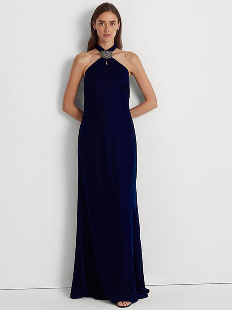 Image for Women's Plain Solid Velvet Long Dress,Navy