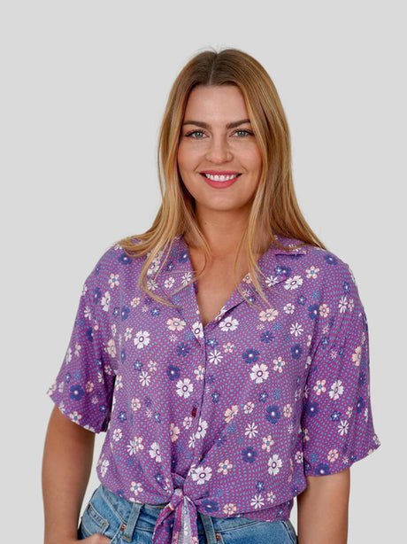 Image for Women's Tie-Hem Notched-Lapel Floral Printed/Plaid Shirt,Purple