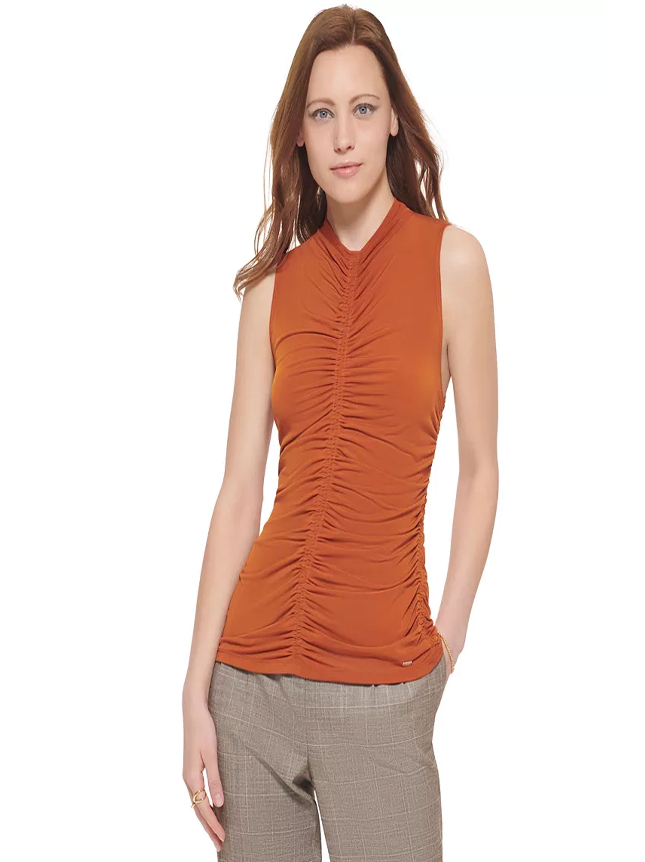 Women s Ruched Sleeveless Top Brick All Brands Factory Outlet