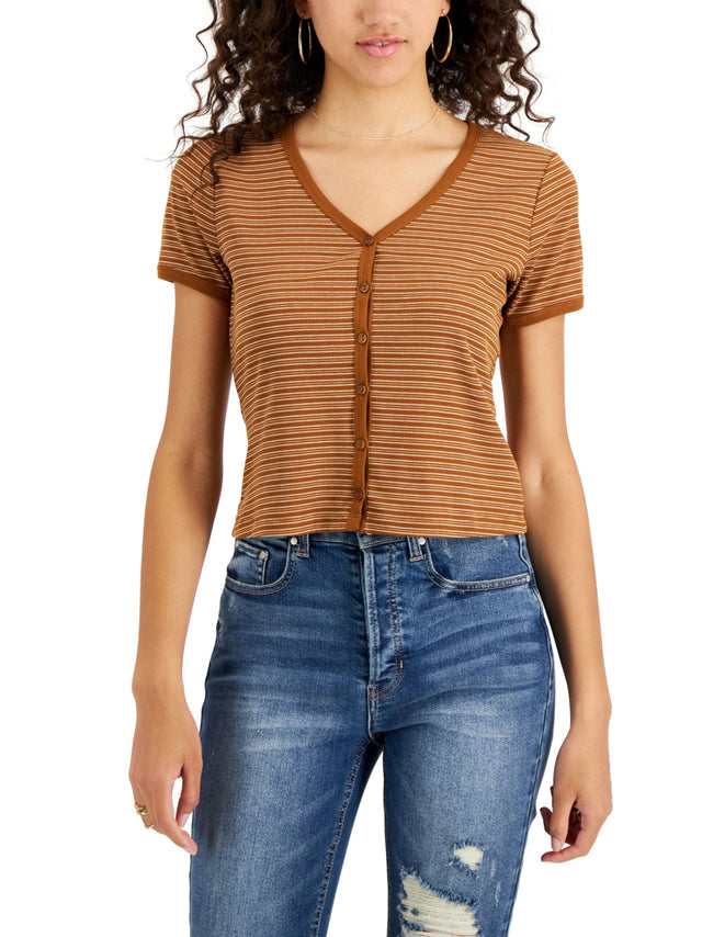 Image for Women's Striped Ribbed V-Neck Shirt,Brown