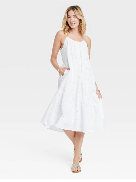 Image for Women's Floral Embroidered Eyelet Tiered Dress,White