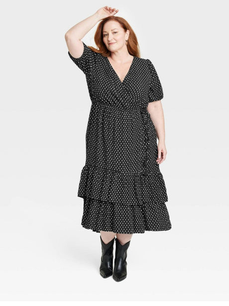 Image for Women's Plus Size Polka Dots Wrap Dress,Black/White