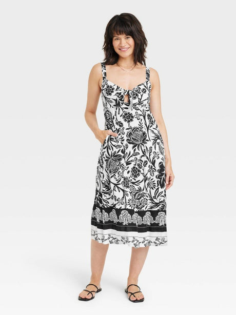 Image for Women's Wide Strap Tie-Front Floral Dress,Black/White