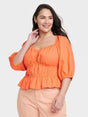 Image for Women's Plus Size Puff Elbow Sleeve Linen Shirt,Orange