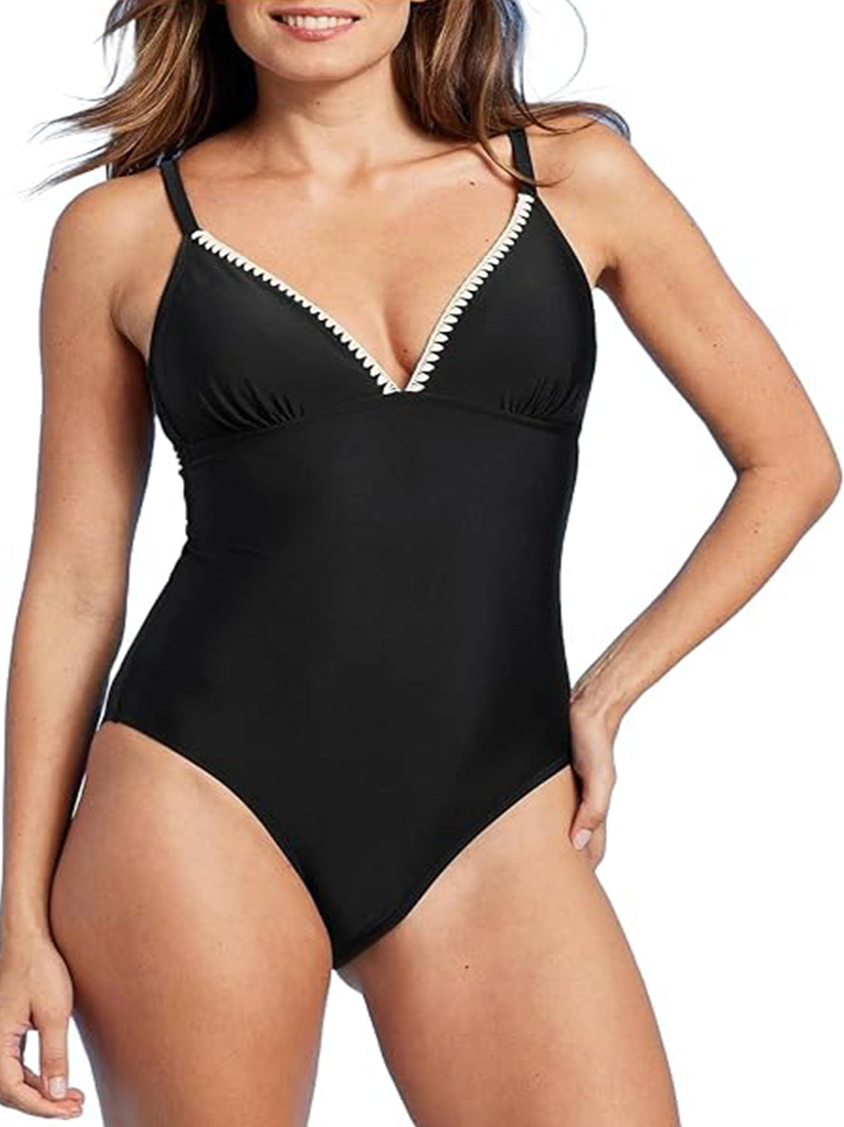 Women's Embroidered Trim One Piece Swimsuit,Black – All Brands