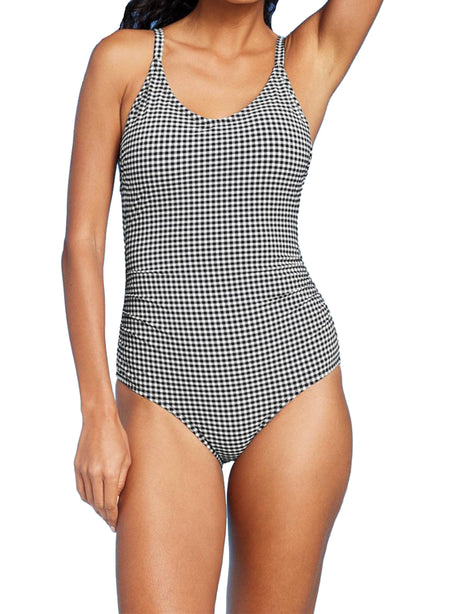 Image for Women's Textured Ruched One Piece Plaid Swimsuit,Black/White