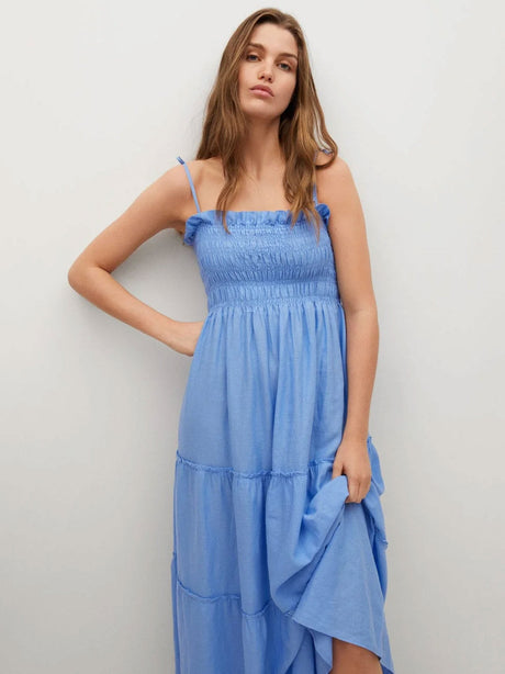 Image for Women's Smocked Linen Dress,Blue