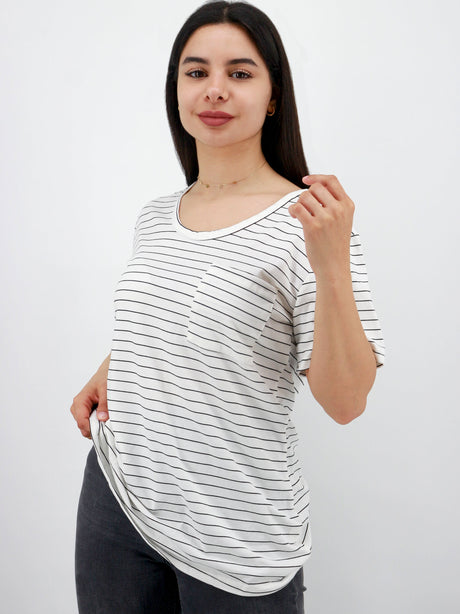 Image for Women's Striped Side Pocket Top,White