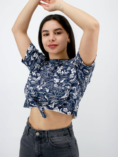 Image for Women's Graphic Printed Crop Top,Navy