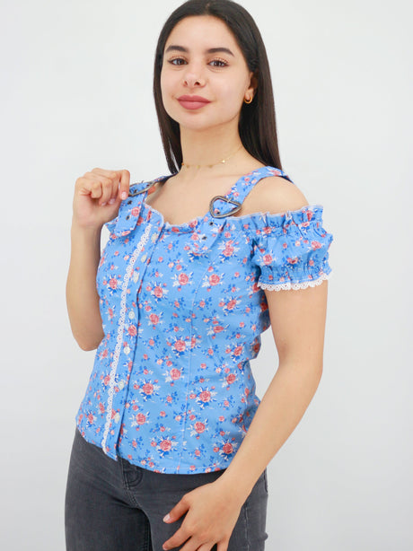 Image for Women's Floral Printed  Off Shoulder Top,Blue