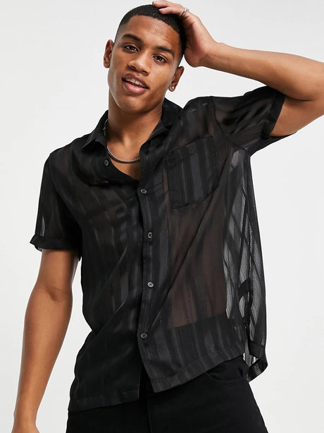 Image for Men's Side Pocked Mesh Striped Shirt,Black