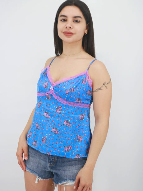 Image for Women's Lace Trim Floral Printed Sleepwear Satin Top,Blue