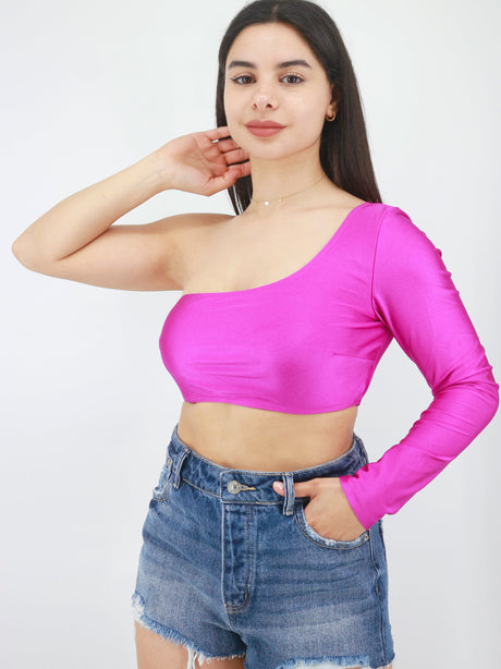 Image for Women's One Shoulder Metallic Crop Top,Fuchsia